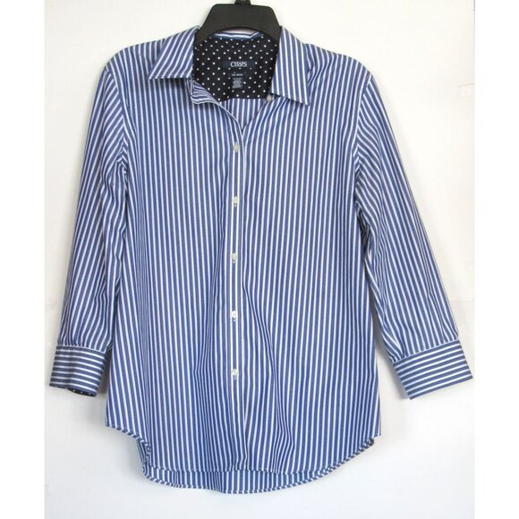 CHAPS Women Shirt Striped Blue/White Cotton Button-Down Casual No Iron - Picture 1 of 12
